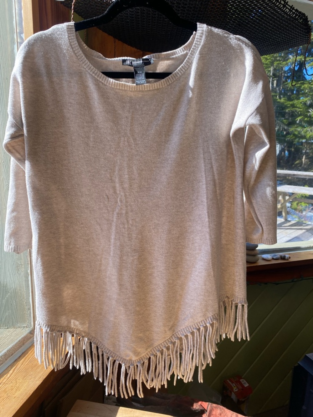 INC International Concepts Cream Scoop Neck Fringe Sweater